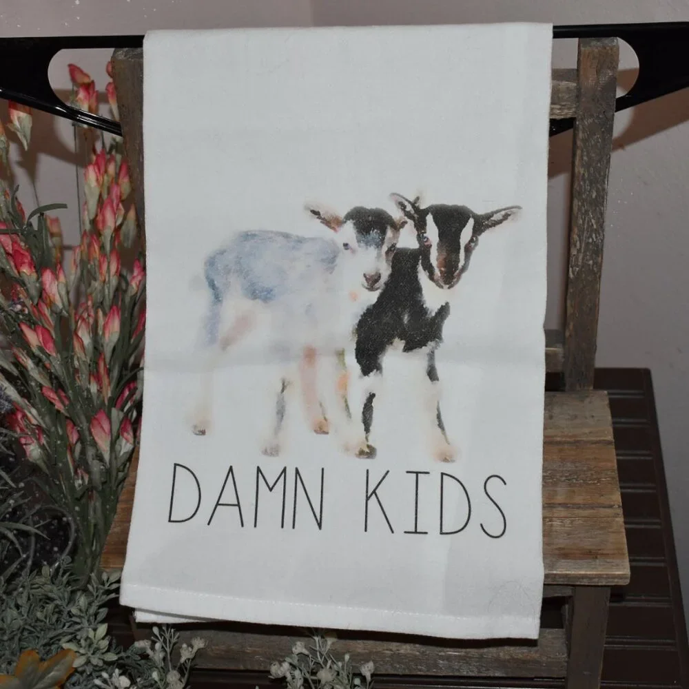 Handmade Funny Goat Kids White Kitchen Flour Sack Towel Country Farmhouse Decor